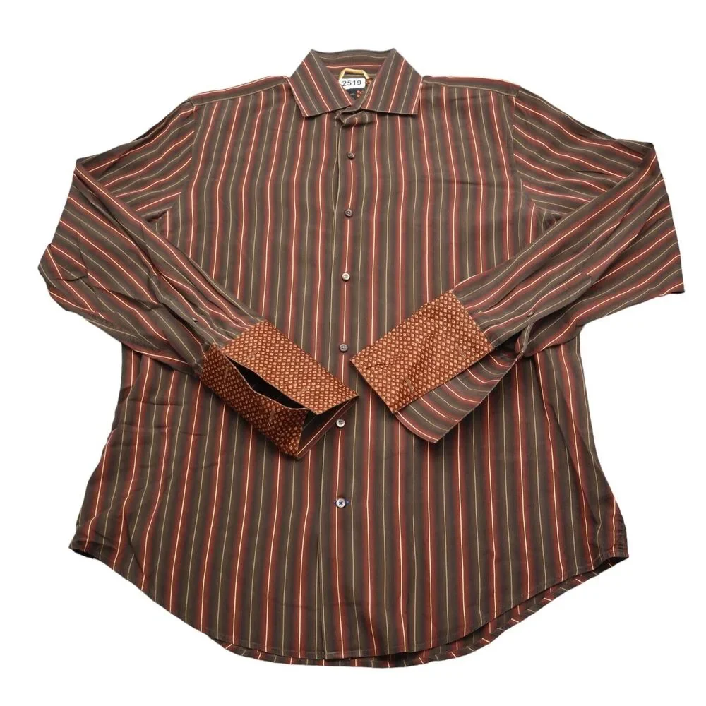 Banana Republic Shirt Mens L Brown Red Striped Flip Cuff Button Up Work Office